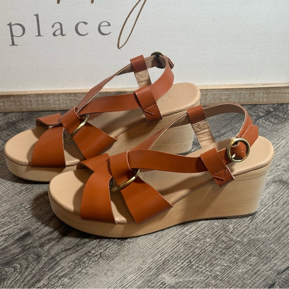 ANN TAYLOR LOFT Cognac Strappy Crossover Platform Wedge Sandals 9.5 - Picture 3 of 9